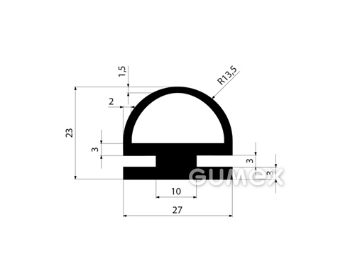 Gumový profil tvarový s dutinkou, 23x27mm, 70°ShA, EPDM, -40°C/+100°C, čierny